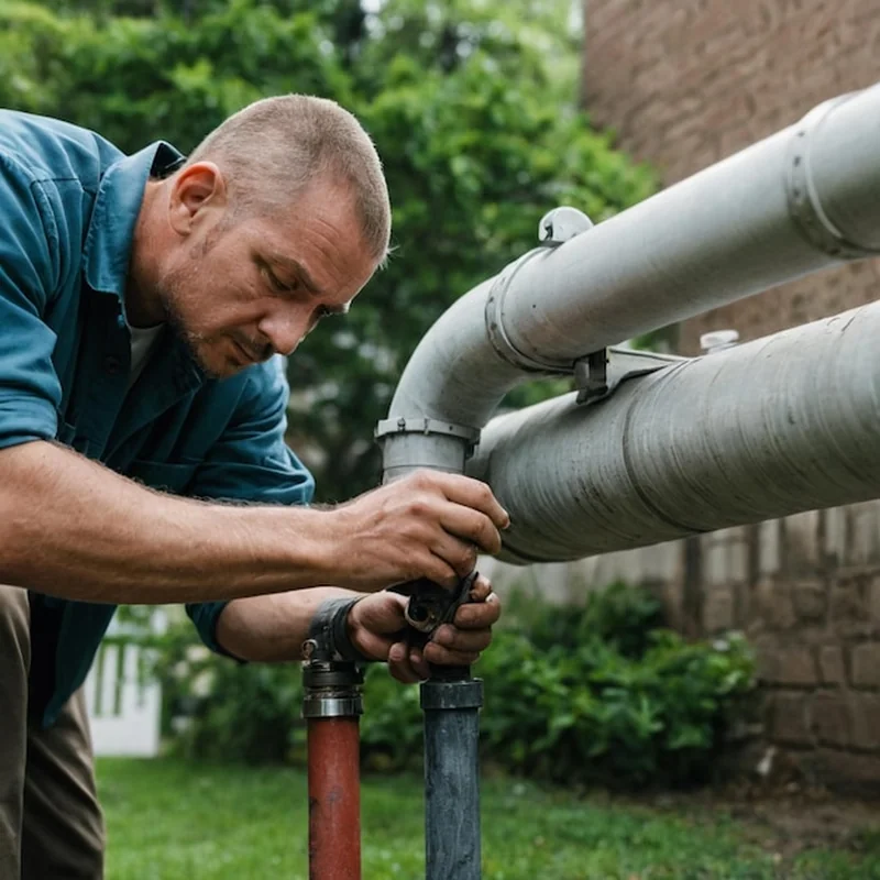 Mężczyzna naprawia rurę