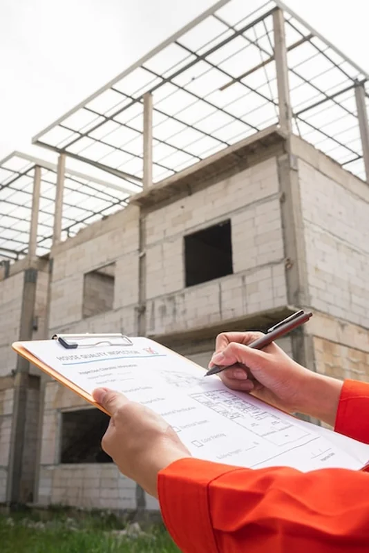 Architekt lub inżynier sprawdza listę kontrolną jakości budynku