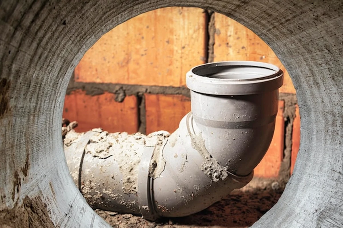 Rury kanalizacyjne w piwnicy domu, system szarych rur sanitarnych