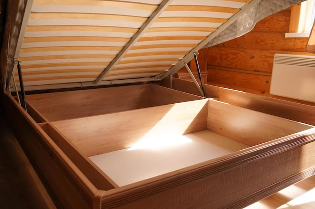 Beżowe drewniane łóżko z podniesionym materacem w pokoju w słoneczny poranek