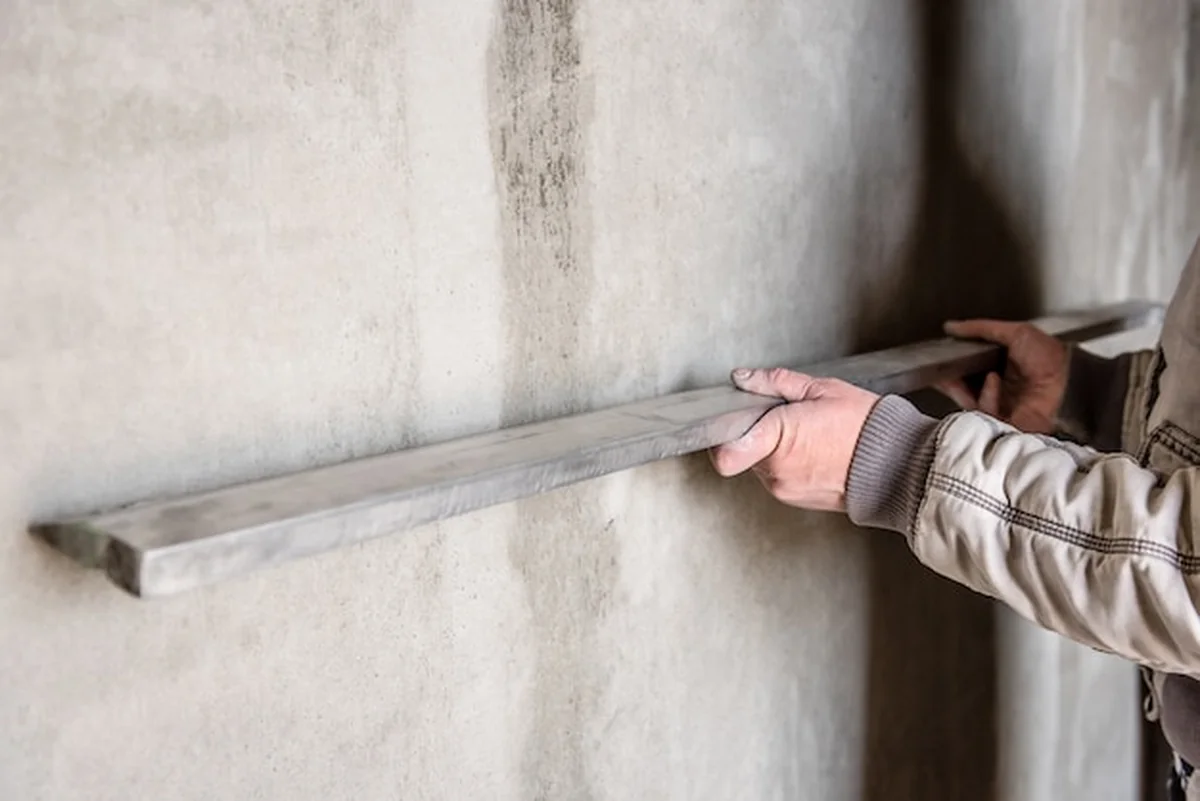 Pracownik budowlany tynkuje ścianę z niwelatorem