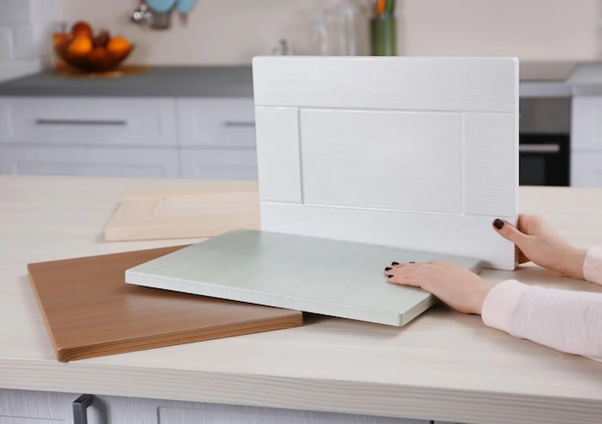 Ręce kobiet trzymające próbki drewnianych paneli