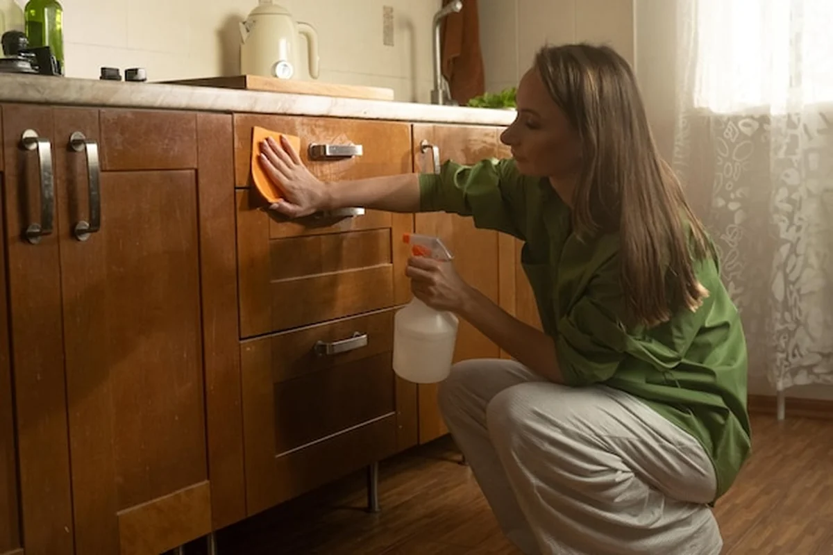 Kobieta myjąca drewniane szafki w kuchni