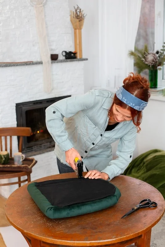 Średnia kobieta restaurująca meble