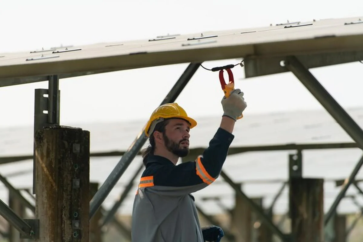 Inżynierowie elektrycy przy panelu ogniw słonecznych na trawiastej działce
