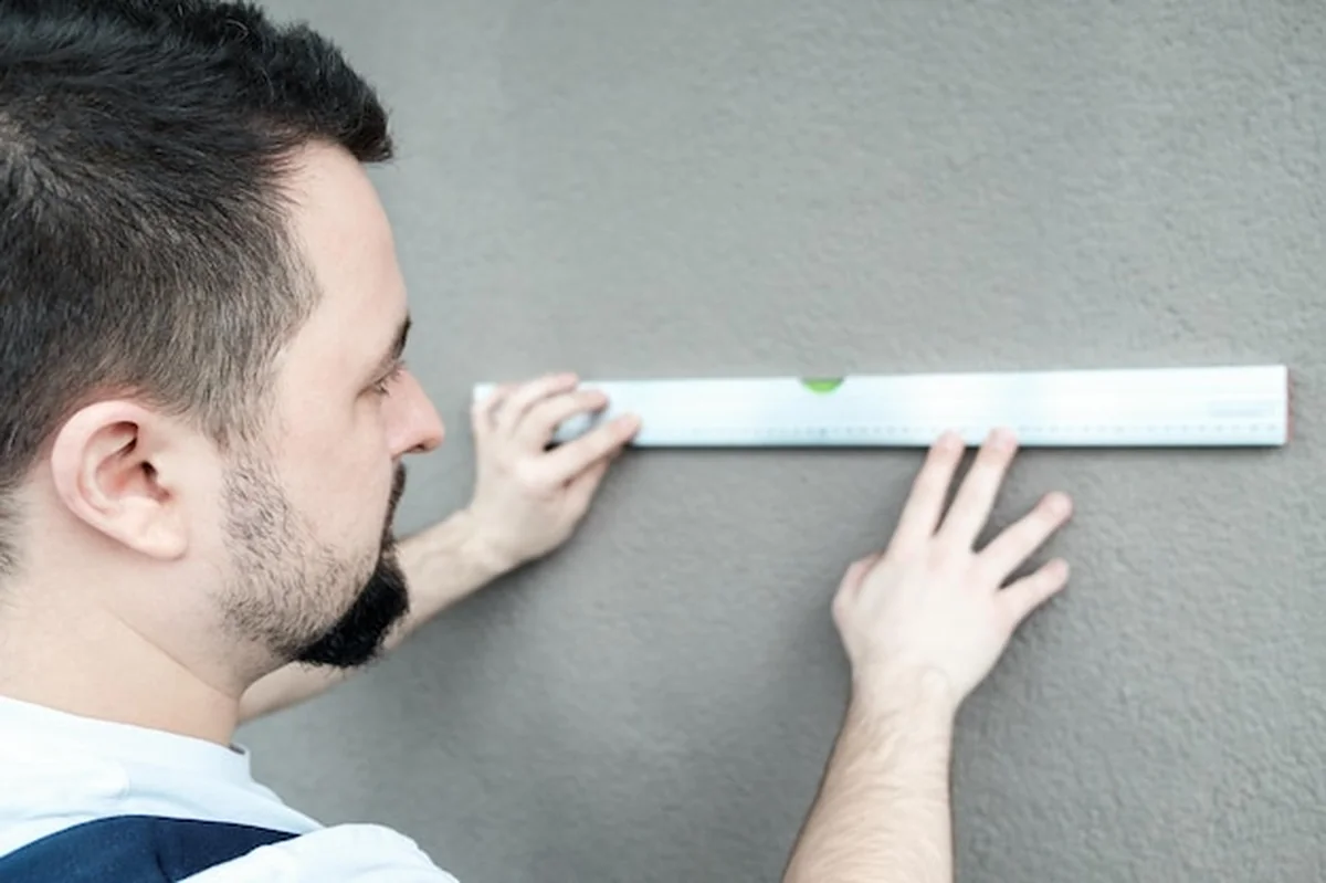 Pracownik budowlany używa poziomnicy